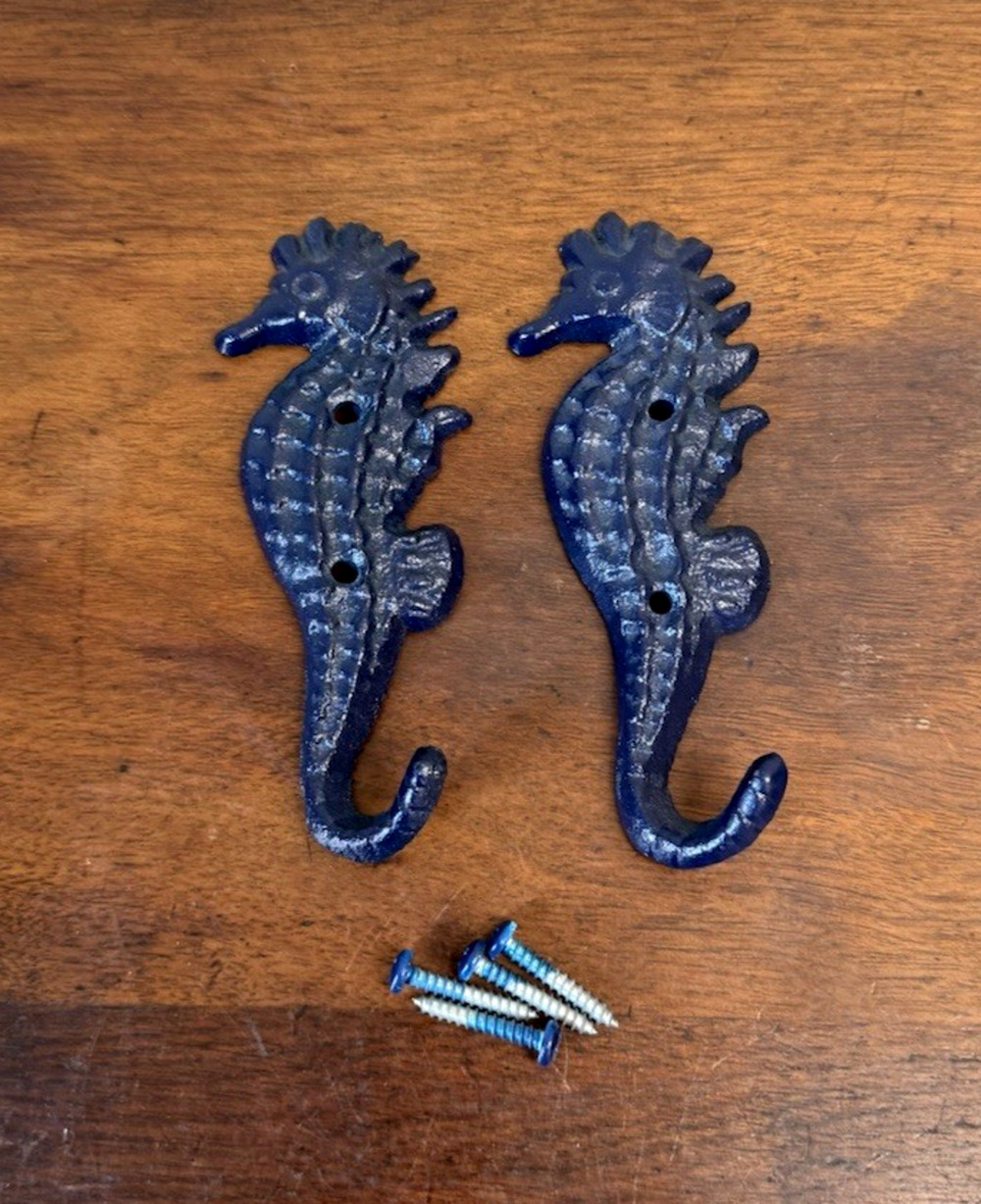 Vintage Cast Iron Seahorse Wall Hooks Set of 2 Navy Blue Coastal Nautical 5.25"